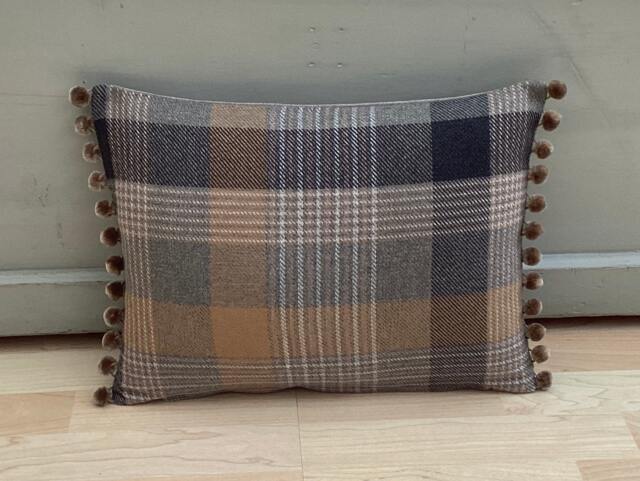 Katrine Tartan Plaid Tweed Cushion Cover Ochre, Grey & Beige Pompom Trim - image 1
