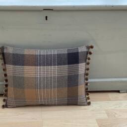 Katrine Tartan Plaid Tweed Cushion Cover Ochre, Grey & Beige Pompom Trim - thumbnail 2