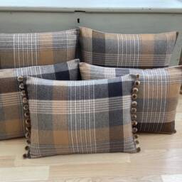 Katrine Tartan Plaid Tweed Cushion Cover Ochre, Grey & Beige Pompom Trim - thumbnail 3