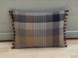 Katrine Tartan Plaid Tweed Cushion Cover Ochre, Grey & Beige Pompom Trim - thumbnail 1
