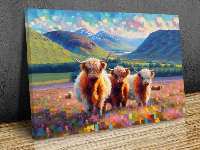 Hairy Scottish Cows British Abstract Landscape, Vibrant Colours Wall Art, Hangings , Home D??cor, Mounted Canvas Print Ready To Hang - image 1