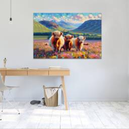 Hairy Scottish Cows British Abstract Landscape, Vibrant Colours Wall Art, Hangings , Home D??cor, Mounted Canvas Print Ready To Hang - thumbnail 3