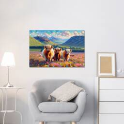 Hairy Scottish Cows British Abstract Landscape, Vibrant Colours Wall Art, Hangings , Home D??cor, Mounted Canvas Print Ready To Hang - thumbnail 2