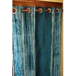 "Teal Velvet Pin Stripes & Peacock Green Silk Curtain Panels 26""x84" - thumbnail 2