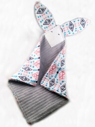 Crinkle Ears Bunny Lovey - Boho Navy Blue/Pink/Teal Tribal Aztec Geometric Modern with Grey Chenille
