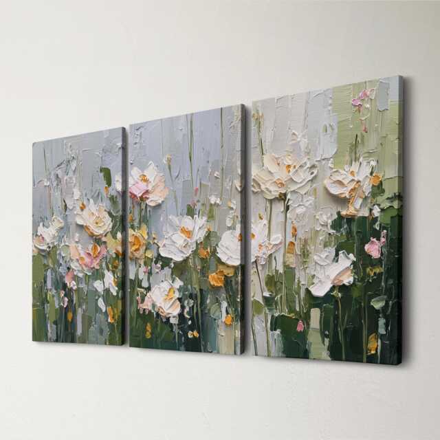 Floral Oil Painting Wall Art, 3 Panel Split Canvas, Bouquet Of Flowers, Nature Rustic Home Decor, Living Room Hangings - image 1