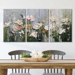 Floral Oil Painting Wall Art, 3 Panel Split Canvas, Bouquet Of Flowers, Nature Rustic Home Decor, Living Room Hangings - thumbnail 2