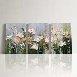 Floral Oil Painting Wall Art, 3 Panel Split Canvas, Bouquet Of Flowers, Nature Rustic Home Decor, Living Room Hangings - thumbnail 3