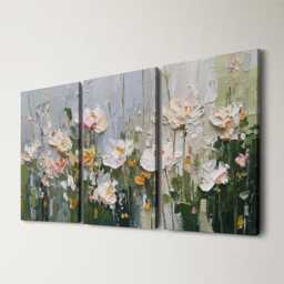 Floral Oil Painting Wall Art, 3 Panel Split Canvas, Bouquet Of Flowers, Nature Rustic Home Decor, Living Room Hangings - thumbnail 1