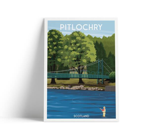Pitlochry Print - Port-Na-Craig Suspension Bridge, Travel Poster Fly Fishing Scene On The River Tummel - image 1