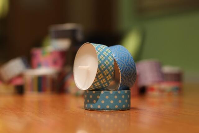 3 Tea Light Candles Decorated With Washi Tape in Three Different Blue-Themed Patterns - image 1