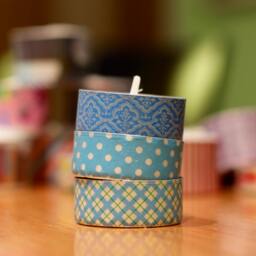 3 Tea Light Candles Decorated With Washi Tape in Three Different Blue-Themed Patterns - thumbnail 2