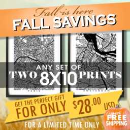 Map Art Print Set Choose Any Two 8x10 Black & White City Maps - thumbnail 1