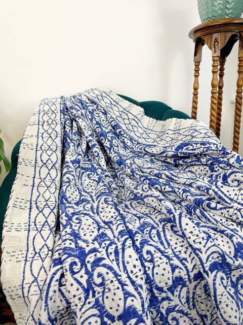 Kantha Stitch Pure Cotton Reversible Bed/Sofa Throw King Size - Handmade Handprinted Floral Dohar White Indigo Blue Paisley Stripe Border - image 1