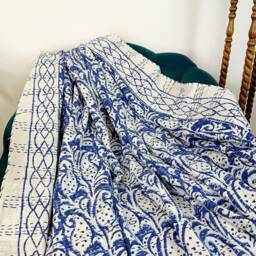 Kantha Stitch Pure Cotton Reversible Bed/Sofa Throw King Size - Handmade Handprinted Floral Dohar White Indigo Blue Paisley Stripe Border - thumbnail 4