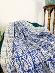 Kantha Stitch Pure Cotton Reversible Bed/Sofa Throw King Size - Handmade Handprinted Floral Dohar White Indigo Blue Paisley Stripe Border - thumbnail 1