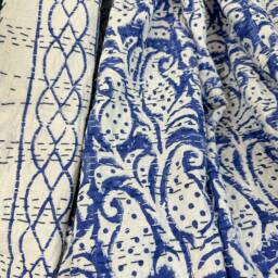 Kantha Stitch Pure Cotton Reversible Bed/Sofa Throw King Size - Handmade Handprinted Floral Dohar White Indigo Blue Paisley Stripe Border - thumbnail 3