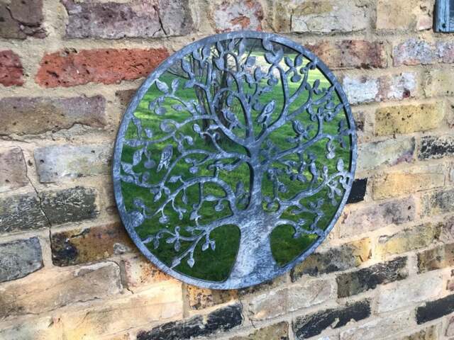 Tree Of Life Mirror 51cm Fathers Day Gifts Hanging Garden Ornaments Birthday Presents Patio Decor Wall Art Birds Grey Gardening Gardener - image 1