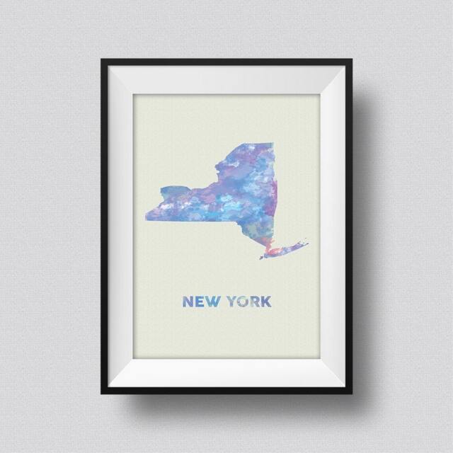 New York Map Usa Watercolor Art Print Ink Splash Poster Canvas