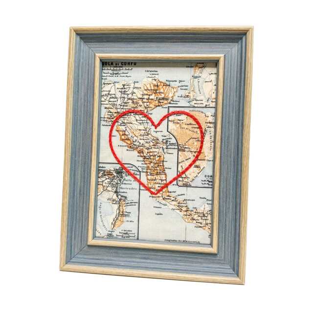 Corfu Heart Map - Custom Gift Greek Anniversary Framed Wedding Vintage Print Of With Hand-Embroidered - image 1