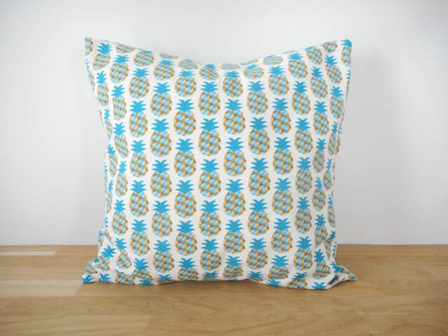 Cushion Cover 40 X cm, White Fabric With Pineapple Print, Square in Blue Tones, Interior Decoration, Exotic, Tropical, Summer - image 1