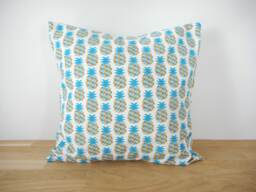 Cushion Cover 40 X cm, White Fabric With Pineapple Print, Square in Blue Tones, Interior Decoration, Exotic, Tropical, Summer - thumbnail 1