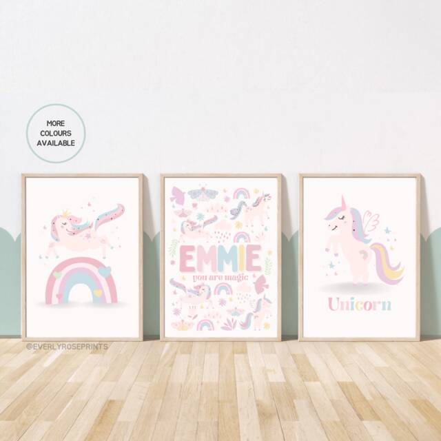Set Of 3, Unicorn Prints, Personalised, Various Colours, A5 A4 A3 A2 A1, Girls, Nursery Decor, Wall Art, Boho, Theme