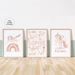 Set Of 3, Unicorn Prints, Personalised, Various Colours, A5 A4 A3 A2 A1, Girls, Nursery Decor, Wall Art, Boho, Theme - thumbnail 2