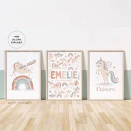 Set Of 3, Unicorn Prints, Personalised, Various Colours, A5 A4 A3 A2 A1, Girls, Nursery Decor, Wall Art, Boho, Theme - thumbnail 3