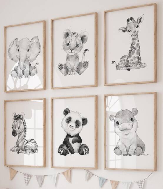 Choose Your Own Safari Animals Baby Boy Or Girl Nursery Unframed Poster Prints in Grey, Bedroom Wall Art Decor Gift, Elephant Giraffe Lion - image 1