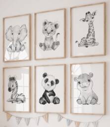 Choose Your Own Safari Animals Baby Boy Or Girl Nursery Unframed Poster Prints in Grey, Bedroom Wall Art Decor Gift, Elephant Giraffe Lion - thumbnail 1