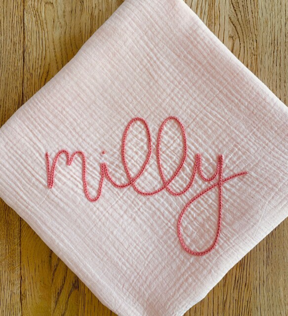 Personalized Hand Embroidered Cotton Muslin Swaddle Baby Pink - Baby Name Announcement, Shower Gift, Nursery Decor - image 1