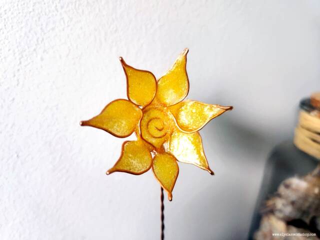 Sunflower On Driftwood Boho Beach Copper Wire Flower Sculpture - image 1