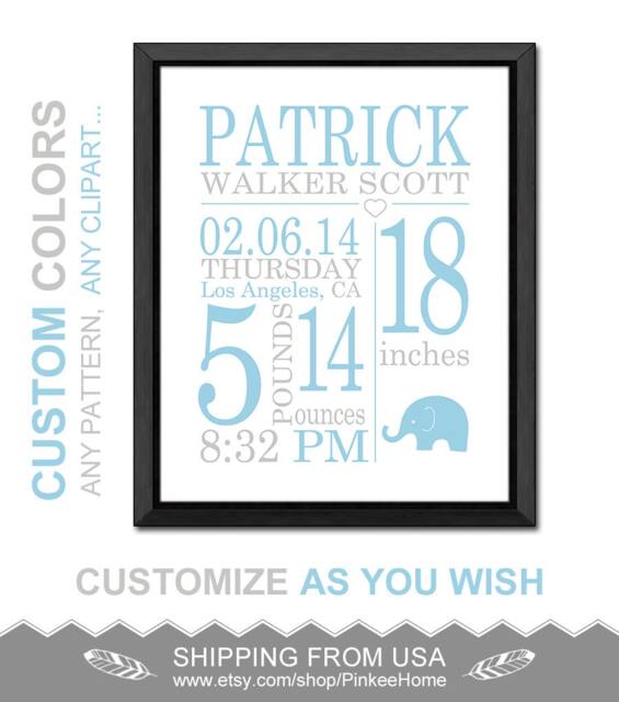 Personalized Baby Boy Birth Stats Print Blue Gray Nursery Decor - image 1