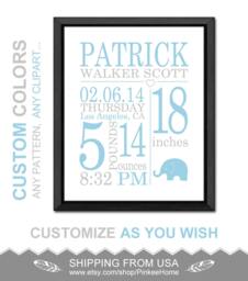 Personalized Baby Boy Birth Stats Print Blue Gray Nursery Decor - thumbnail 1