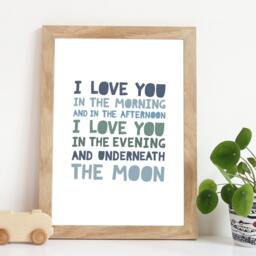 I Love You in The Morning & Afternoon Print, Boys Nursery Prints, Bedroom Decor, Blue & Green Kids Wall Art - thumbnail 1
