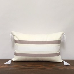 striped Linen Lumbar Pillow Cover, Gray Grosgrain Ribbon Tassels, 12x18 - thumbnail 2