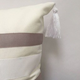 striped Linen Lumbar Pillow Cover, Gray Grosgrain Ribbon Tassels, 12x18 - thumbnail 3