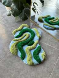 3D Green & Blue Textured Handmade Tufted Rug - Abstract Nature Inspired Fiber Art Soft Sculptural Carpet - thumbnail 1