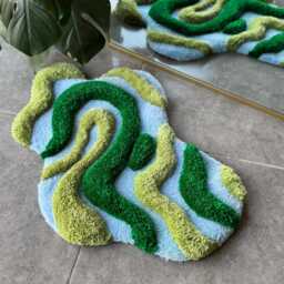 3D Green & Blue Textured Handmade Tufted Rug - Abstract Nature Inspired Fiber Art Soft Sculptural Carpet - thumbnail 3