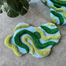 3D Green & Blue Textured Handmade Tufted Rug - Abstract Nature Inspired Fiber Art Soft Sculptural Carpet - thumbnail 4