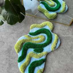 3D Green & Blue Textured Handmade Tufted Rug - Abstract Nature Inspired Fiber Art Soft Sculptural Carpet - thumbnail 2
