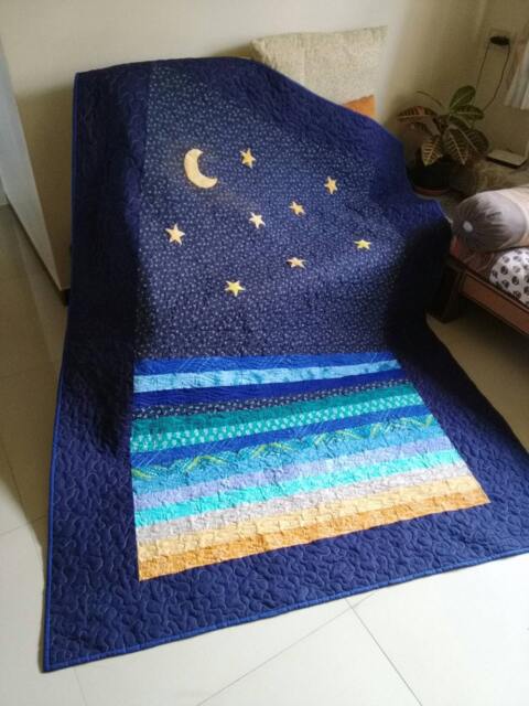 Ocean Quilt, Stary Night Full Size Moon Handmade Quilt Sale, Twin Modern Throw Queen Blue Qui - image 1