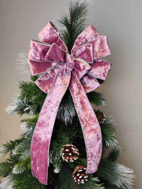 Mauve Pink Velvet Christmas Tree Bow Silver Trim Topper Lantern Bow Wreath - image 1
