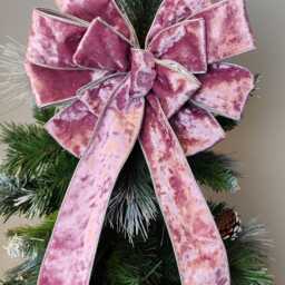 Mauve Pink Velvet Christmas Tree Bow Silver Trim Topper Lantern Bow Wreath - thumbnail 2