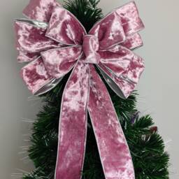 Mauve Pink Velvet Christmas Tree Bow Silver Trim Topper Lantern Bow Wreath - thumbnail 3