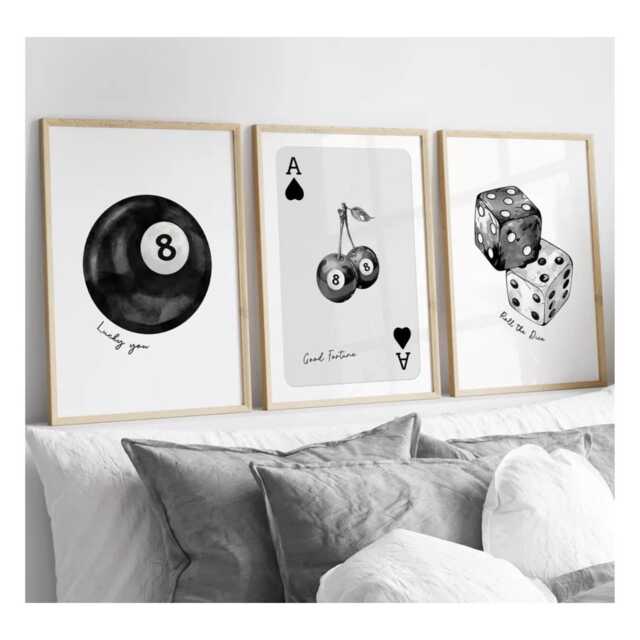 Set Of 3 Lucky 8 Ball Print Cherries Poster Dice Ace Of Hearts Playing Card Wall Art Trendy Pictures Retro Posters Preppy - image 1