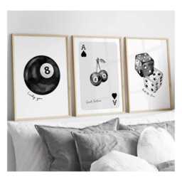 Set Of 3 Lucky 8 Ball Print Cherries Poster Dice Ace Of Hearts Playing Card Wall Art Trendy Pictures Retro Posters Preppy - thumbnail 1