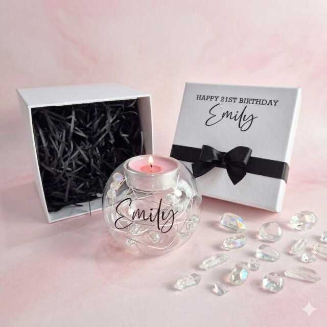 Personalised Birthday Candle Gift Set, Crystal Tealight Holder, Boxed Keepsake For Her, 18Th 21st 30Th 40Th 50Th 60Th - image 1
