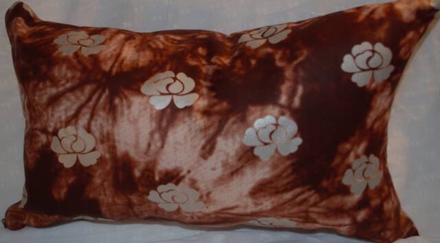 Brown Simulated Tie Dye Fabric Blend With Silver Floral Stamp Throw Pillows - image 1
